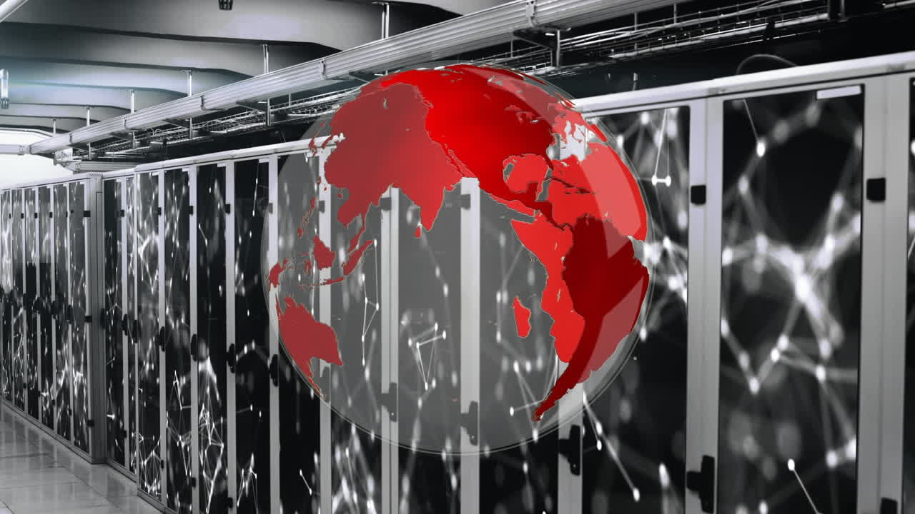 서버 의 데이터 서버 시스템에서 연결된 점 위에 회전하는 지구의 애니메이션