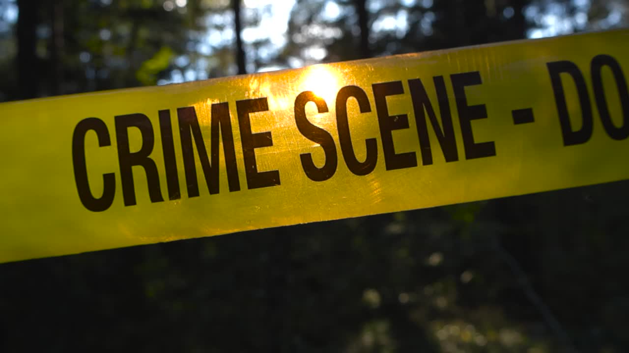 Closeup tracking glides around yellow crime scene tape in focus, stretched across blurry forest backdrop. Sunlight filters through shadowy trees, sun rays backlighting the tape against the wooded area