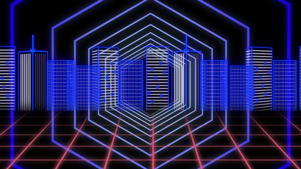 Animation of blue glowing pulsating hexagons moving in seamless loop
