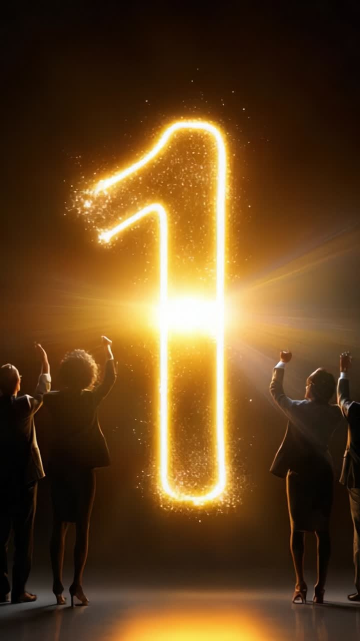 Celebration of Achievement: A Glowing Number One Illuminating a Group of Joyous Individuals Raising Their Arms in Excitement and Triumph