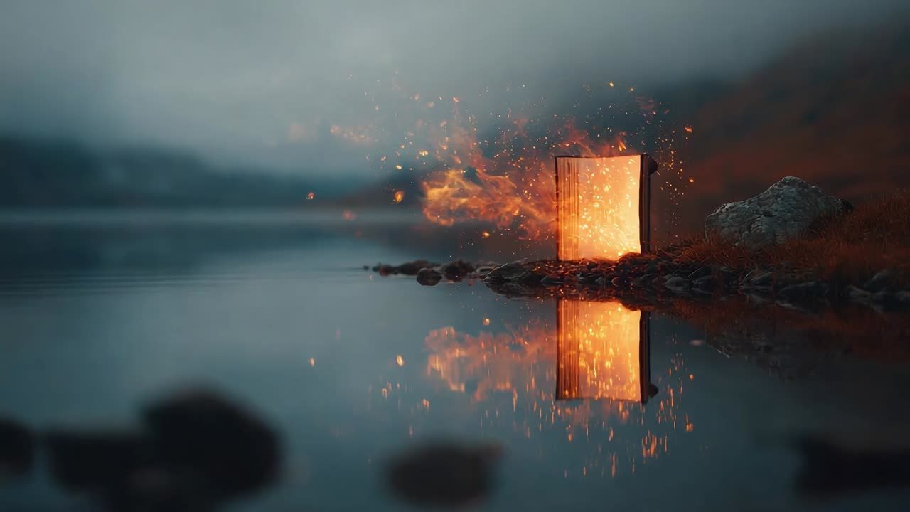 Flammer oplyser en stille sø ved skumring med en iøjnefaldende bogudstilling