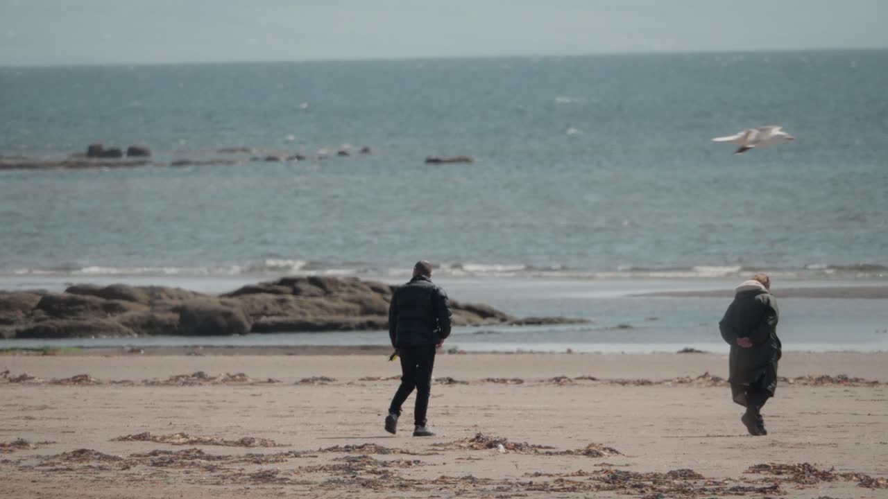 Seaside scenery, couple beach stroll, weekend recreational activities