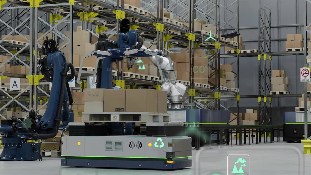 데이터 프로세싱 및 생태 아이콘을 창고 위에 애니메이션