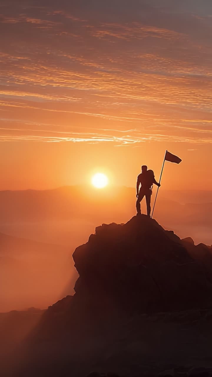 Uno scalatore trionfante celebra il suo successo al tramonto, sventolando una bandiera in cima a una vetta maestosa, che riflette la determinazione e la bellezza della natura in un paesaggio mozzafiato