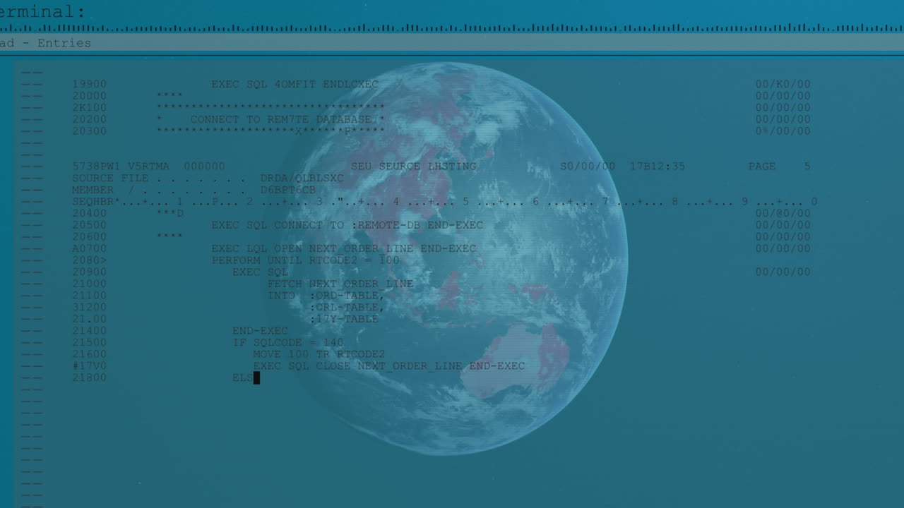 블루 배경에 글로브와 빠른 스크롤 텍스트 정보를 가진 디지털 인터페이스의 애니메이션