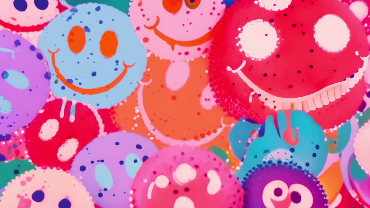 Colorful smiling faces animation over abstract background with various shapes and patterns