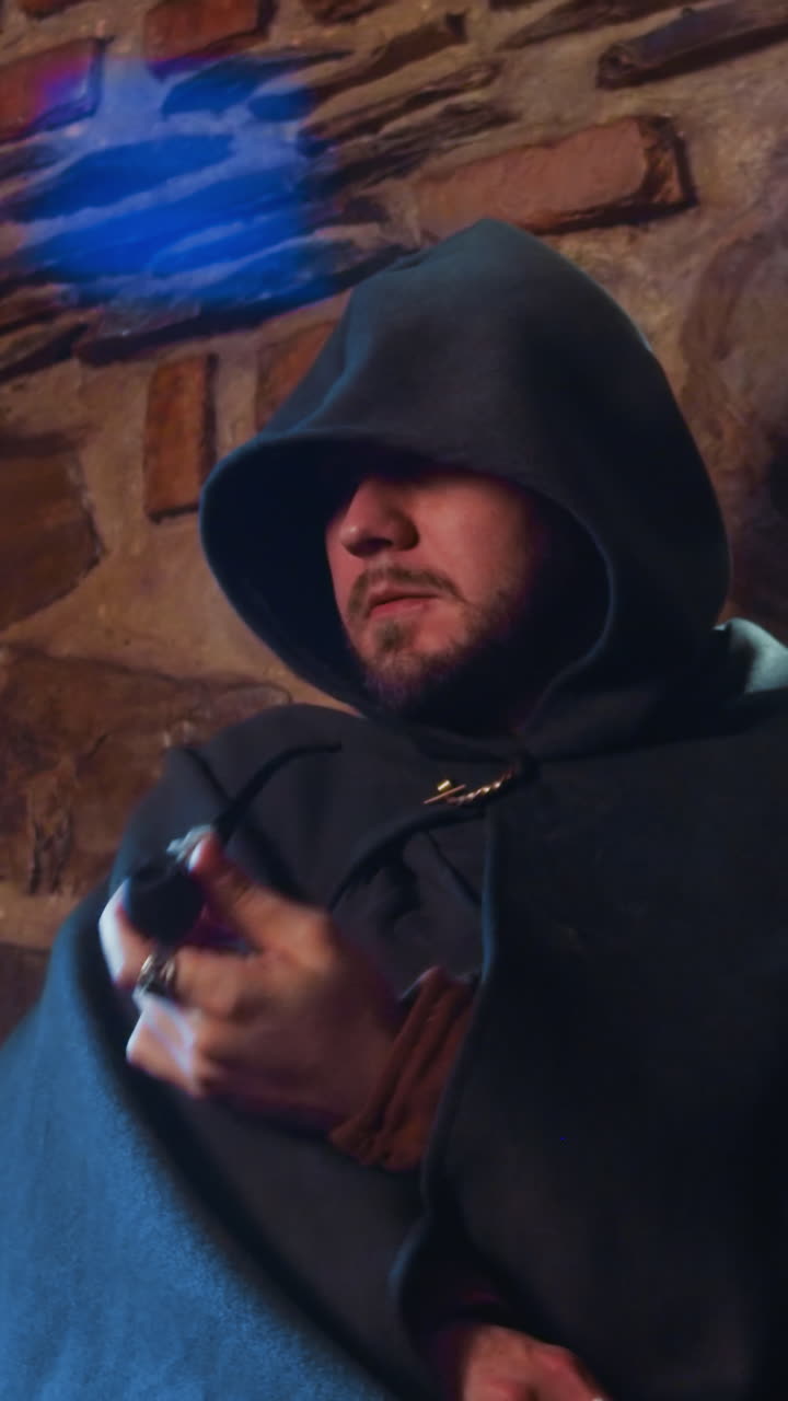 hombre fuma pipa sentado junto a la entrada de la taberna medieval. invitado misterioso molesto por la nieve que vuela a través de la puerta abierta en el pub. personaje de cuento de fantasía