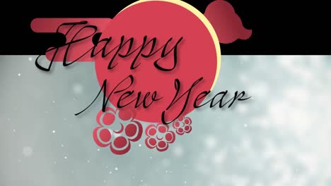 Animation-of-happy-new-year-text-over-flowers-with-red-abstract-pattern-on-dots-and-bokeh-effect