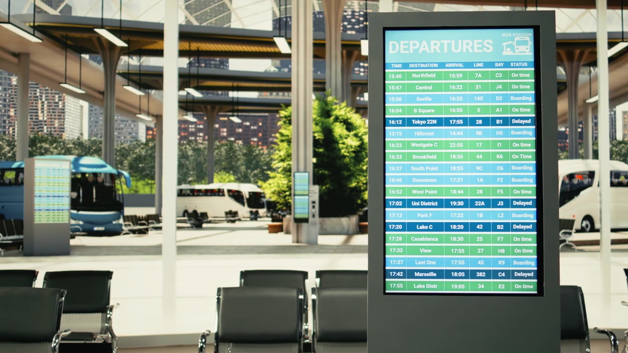 Stazione degli autobus urbana vuota con un moderno tabellone delle partenze illuminato.