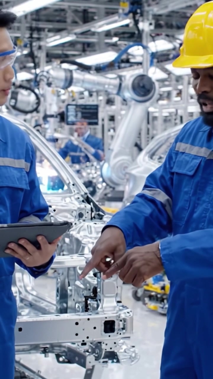 Engineers Collaborating in an Advanced Automotive Manufacturing Facility, Analyzing Vehicle Component Data and Production Techniques with State-of-the-Art Technology