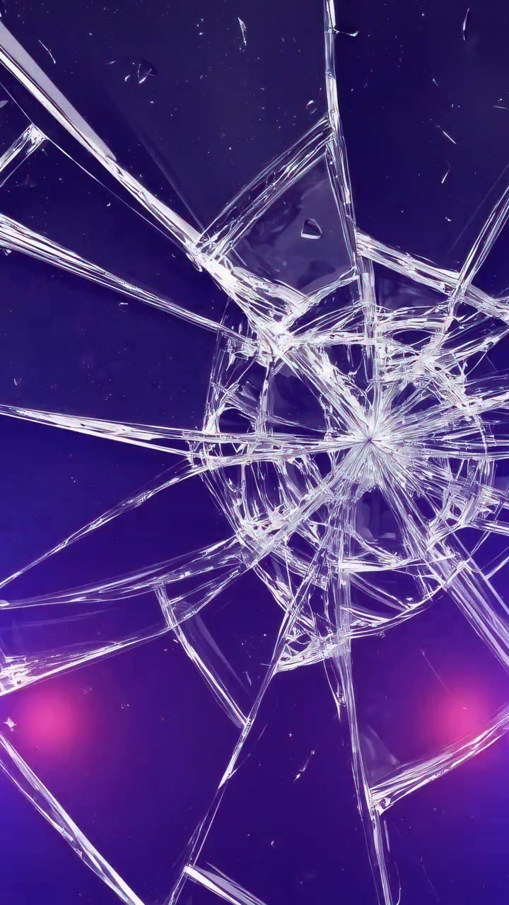 Broken glass with ambulance and police lights flashing. Shattered glass with pulsating red and blue ambulance and police lights. For emergency, accident, danger, security concepts, vertical format