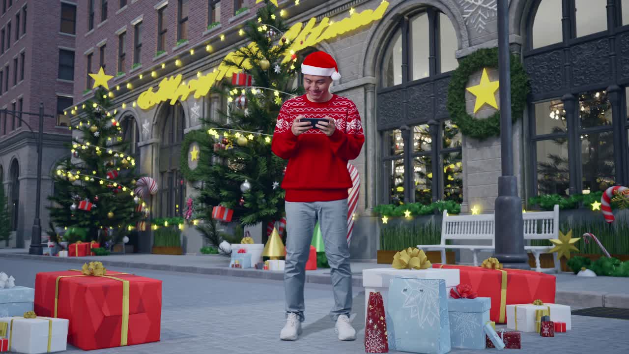 hombre celebrando navidad en la calle usando su teléfono inteligente