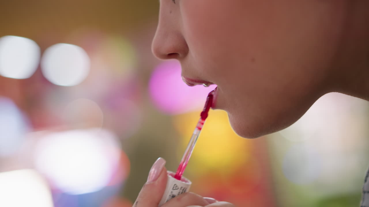 vista parcial de primer plano de una mujer joven aplicando lápiz labial a sus labios, usando un aplicador de brillo labial, centrarse en el área de la boca mientras aplica lápiz lipstick vibrante, fondo suave con colores borrosos