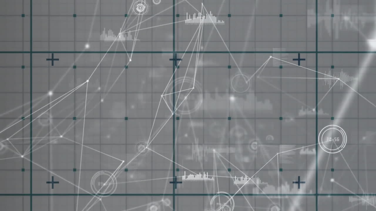 Glowing network nodes and connecting lines flowing across interface, displaying floating bar charts