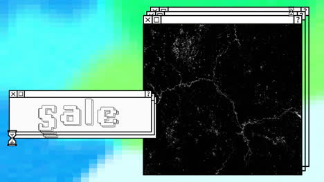 animation of digital interface with white shapes and sale text on blue and green background