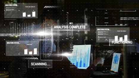 Animation of statistics and data processing over business colleagues using laptop
