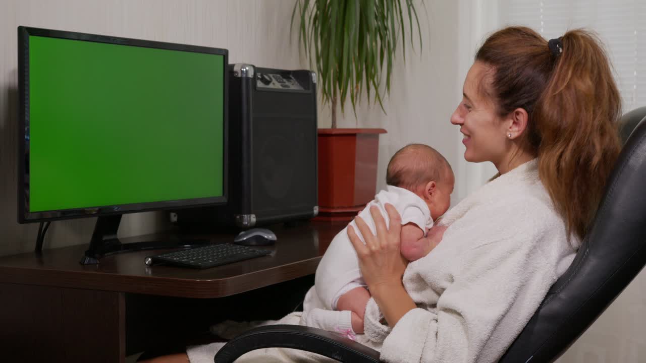 Vihreä tausta. Iloinen äiti ja vauva videopuhelussa älypuhelimella, äiti pitää taaperoa sylissään jakaen äitiyden elämäntapaa sosiaalisessa mediassa, nauttien mobiiliteknologiasta 4K.