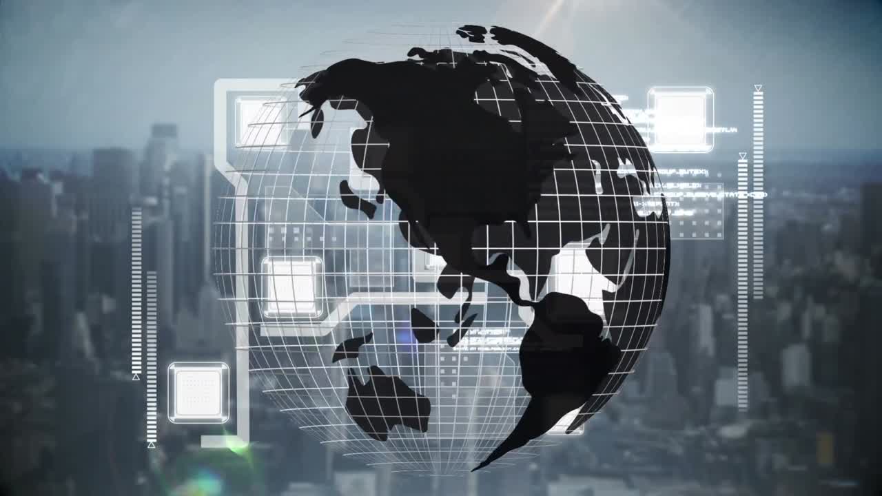 데이터 처리 및 도시 풍경 위의 지구의 애니메이션