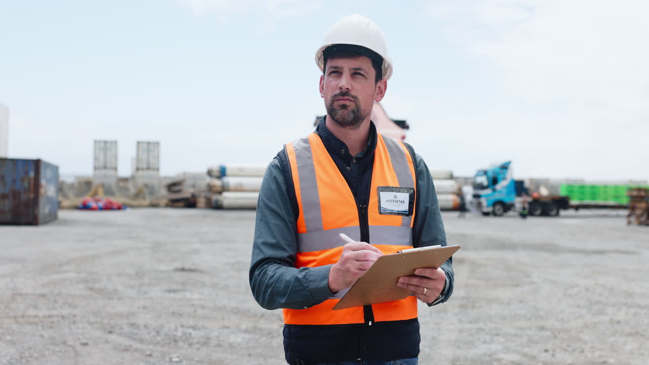 Man in Hard Hat and Safety Vest Writing on Clipboard at Industrial Site
