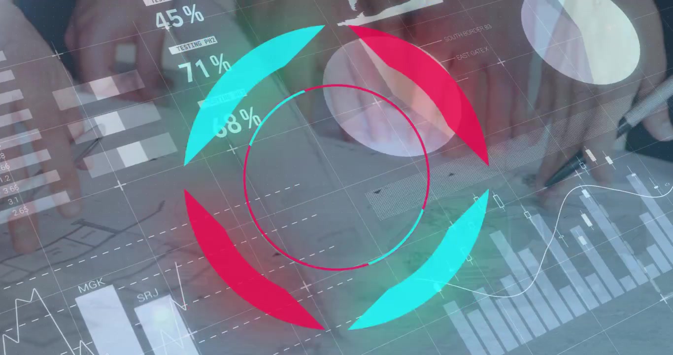 Animation of financial data processing over diverse business people in office