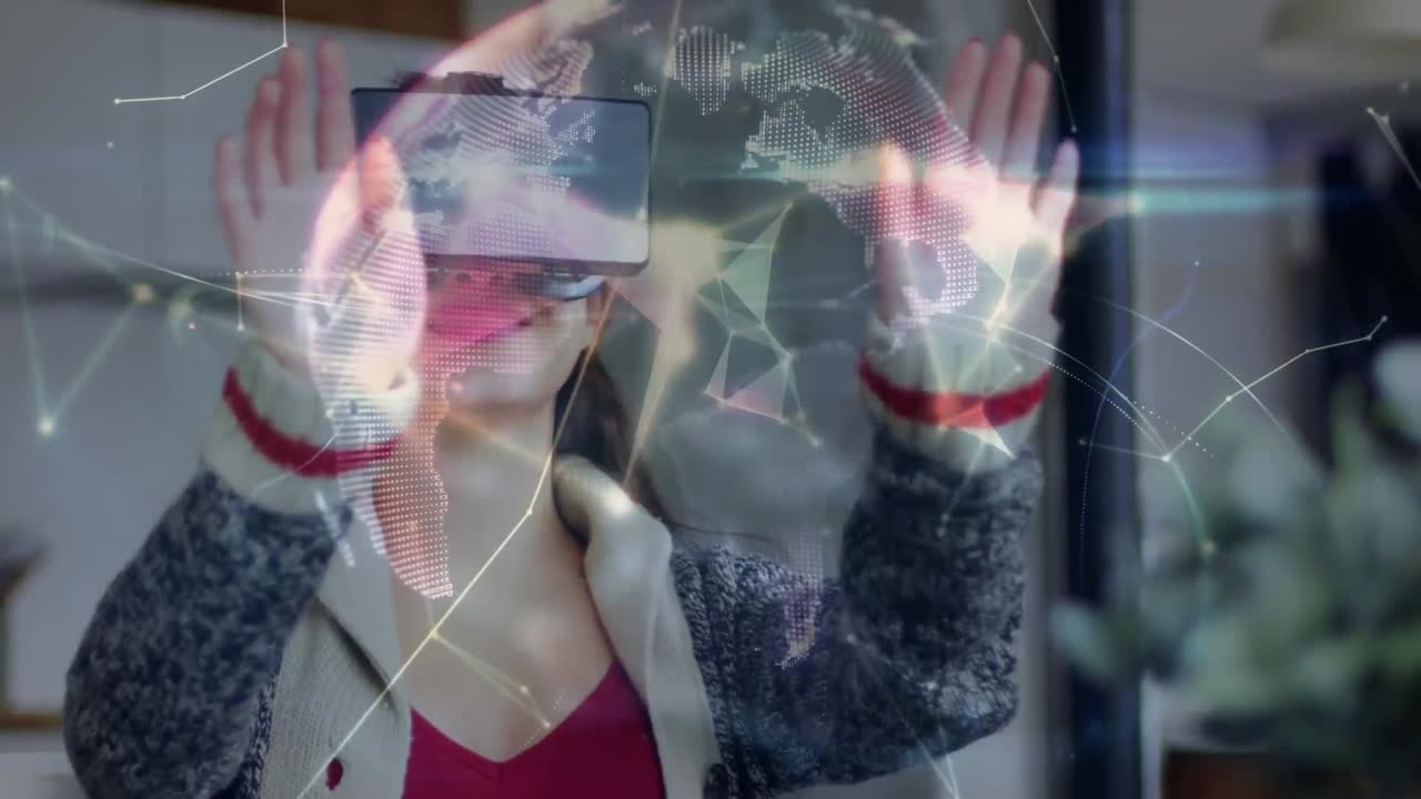 animación de la red de conexiones sobre la mujer caucásica usando auriculares vr
