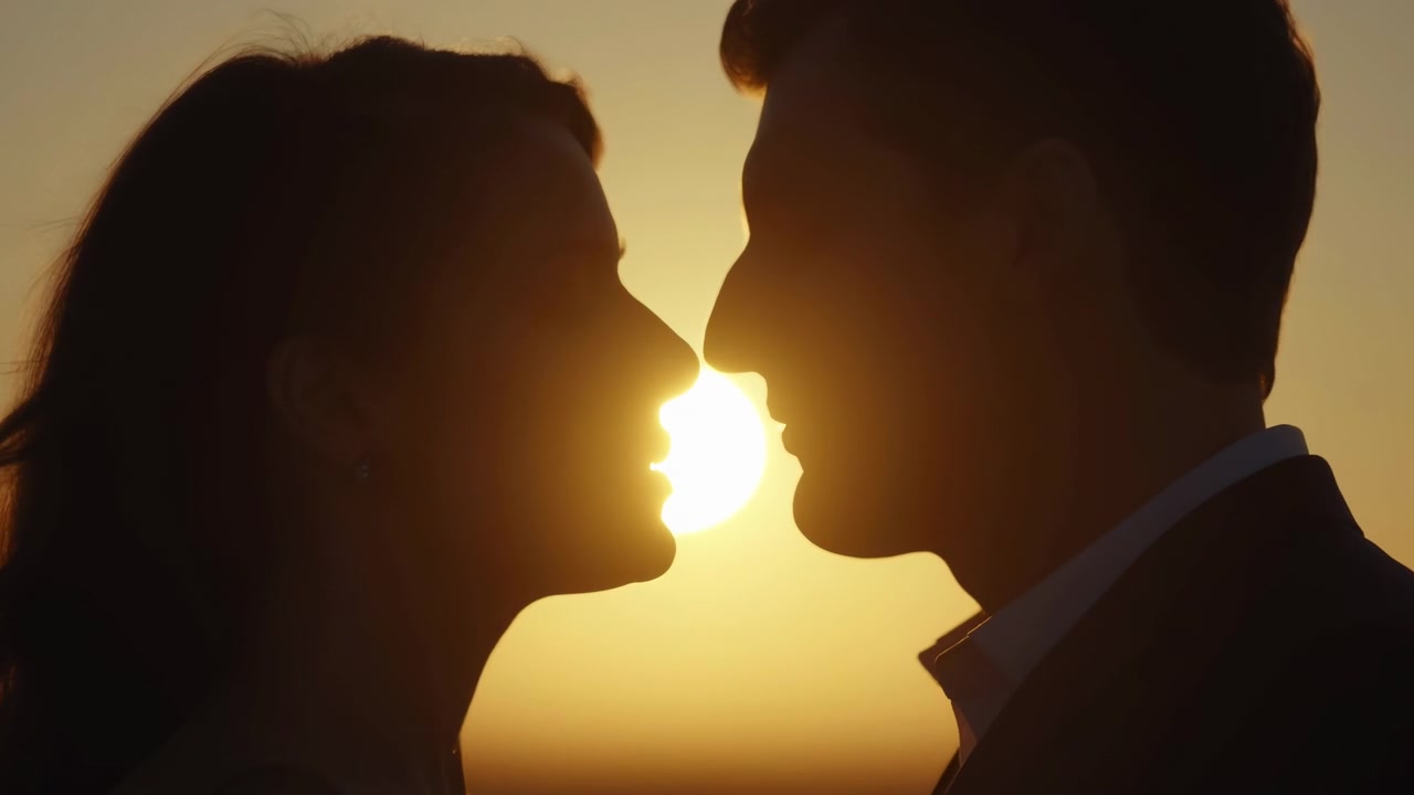 Vista ravvicinata all'altezza degli occhi mostra una coppia adulta in silhouette che si fronteggia al tramonto, con un bagliore solare luminoso centrato tra i profili e una calda luce di contorno che delinea capelli, contorni del viso e un'atmosfera calma e romantica