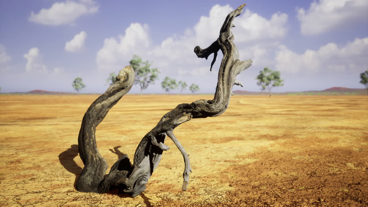 Dry landscape features a twisted tree trunk under a blue sky with clouds