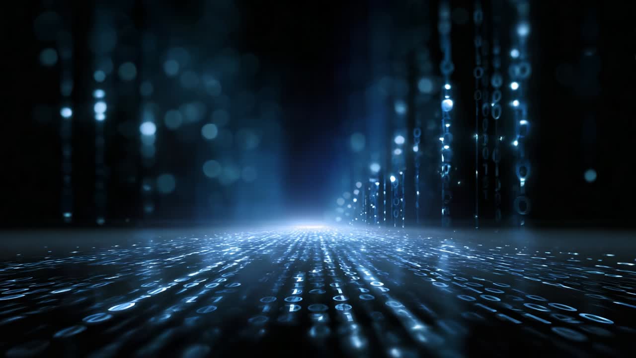 A Stunning Visual Journey Through a Digital World of Light and Data Representation, Capturing the Dynamics of Binary Code Flowing in an Expansive, Ethereal Landscape of Binary Information and Lights