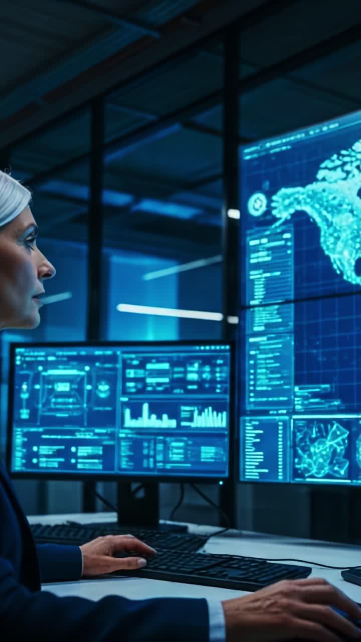 Focused Professional Analyzing Data on Multiple Screens in a High-Tech Environment, Illustrating Modern Technology and Information Visualization