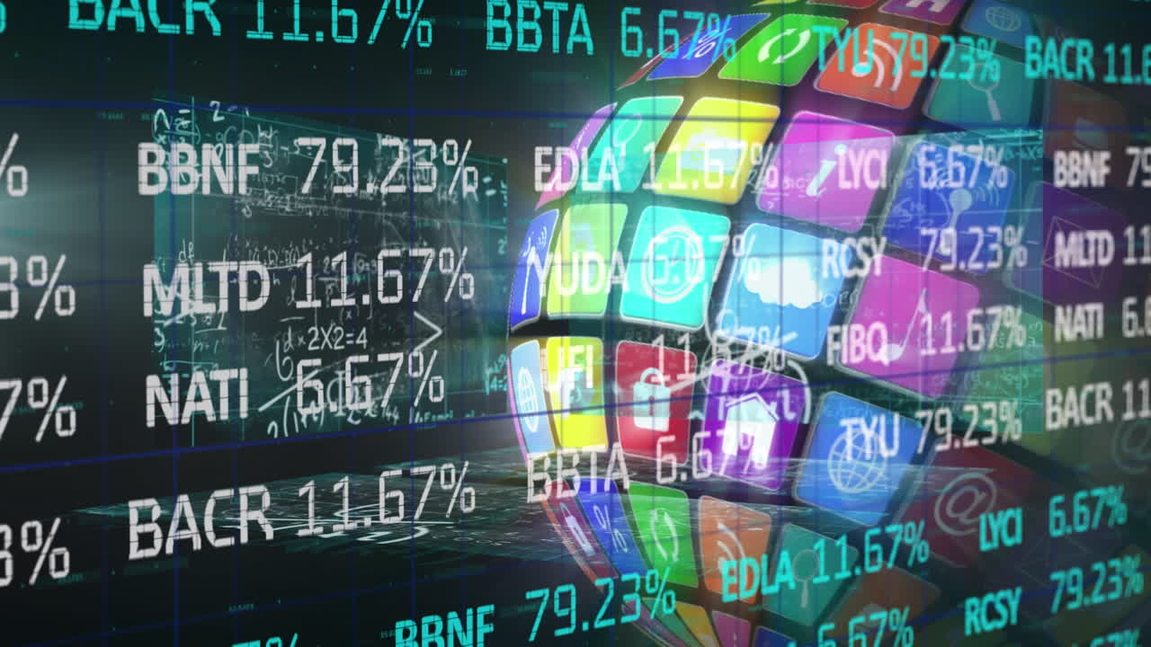 animación del procesamiento de datos financieros sobre un globo giratorio formado con iconos digitales
