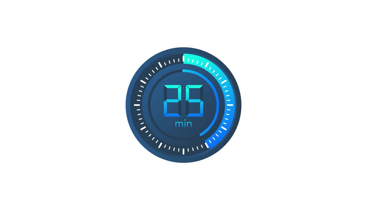 The 25 minutes timer. Stopwatch icon in flat style. Motion graphics.