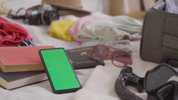 Cellulare con schermo verde e valigia aperta sul letto a casa in preparazione per le vacanze estive