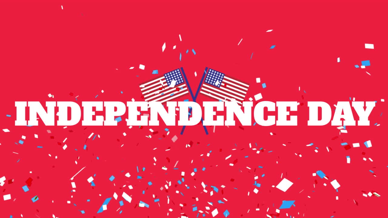 Animation of bursting confetti over flags of america against red background