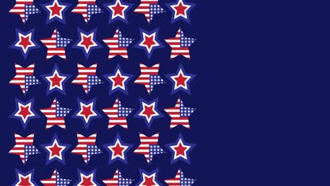 animation of rows of stars with american flag with copy space on blue background