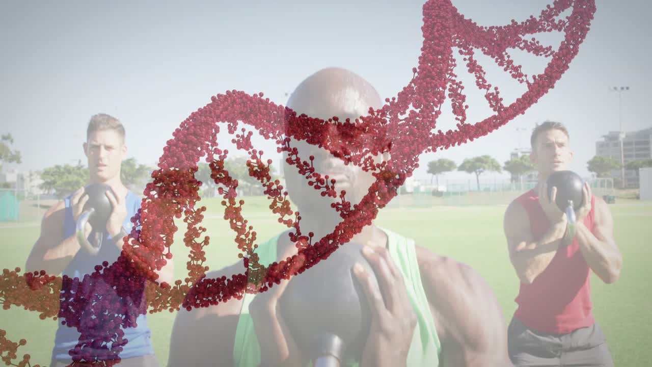 Three men doing med ball squats on field, DNA helix sweeping front obscuring faces showing fitness