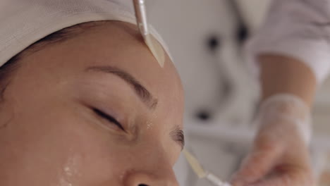 enzyme therapy beautician applying moisturizing medical cream on middle-aged woman face with brushes