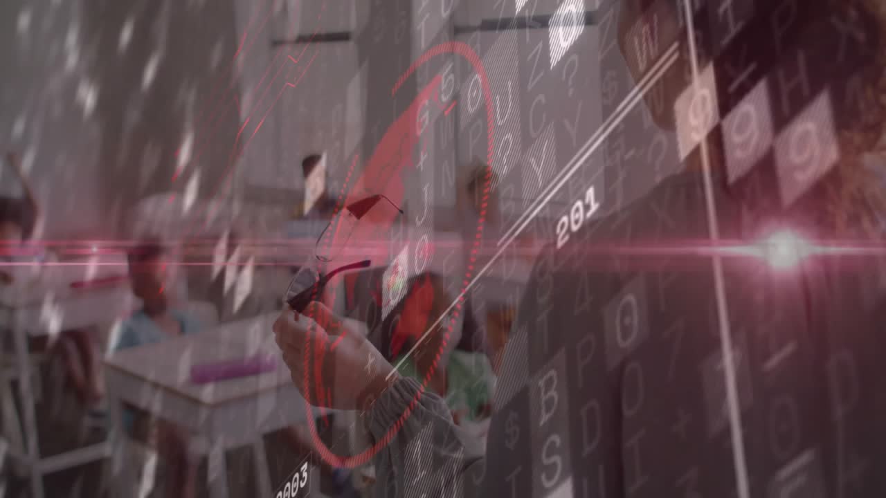Teacher holding eyeglasses guiding classroom lesson, showing transparent red data overlay 2019