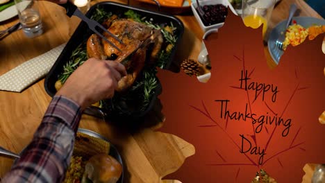 Animation-Eines-Happy-Thanksgiving-Day-Textes-Auf-Einem-Blatt-über-Dem-Truthahn-Und-Einer-Thanksgiving-Mahlzeit