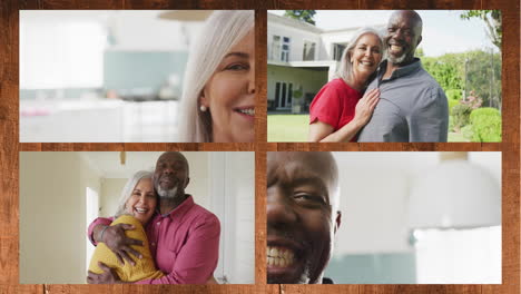 animación de cuatro fotogramas con una pareja diversa y feliz pasando tiempo en casa sobre un fondo marrón