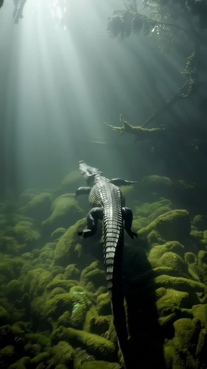 cocodrilo en un pantano submarino iluminado por el sol