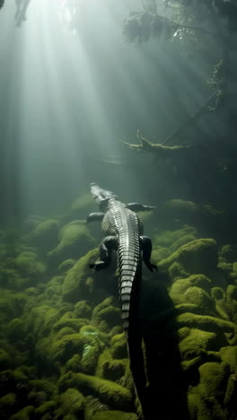 cocodrilo en un pantano submarino iluminado por el sol