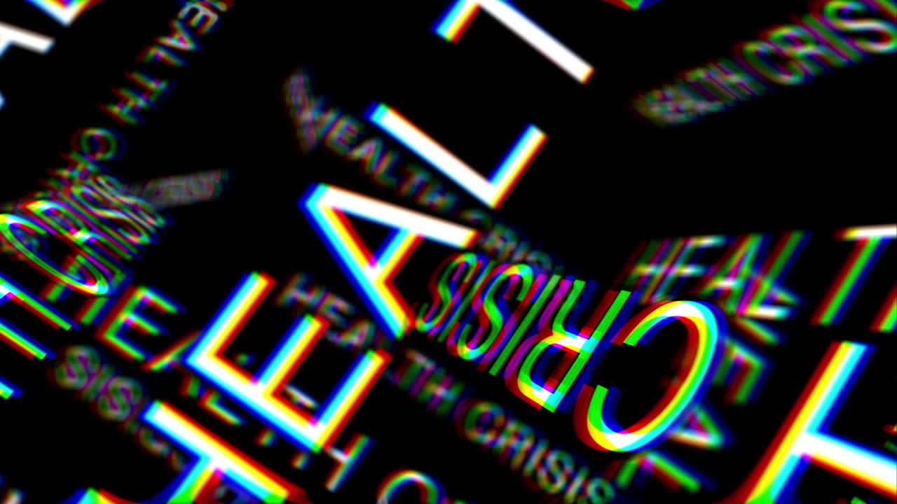 Crisi sanitaria - Animazione di parole chiave con testo 3D in movimento. Concetto astratto con sfondo nero. Aberrazione cromatica RGB