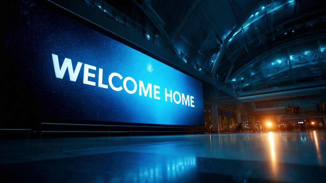 A Stunning Departure from the Ordinary: A Captivating Perspective on a Neon-Illuminated Welcome Home Sign within a Modern Airport Terminal Setting