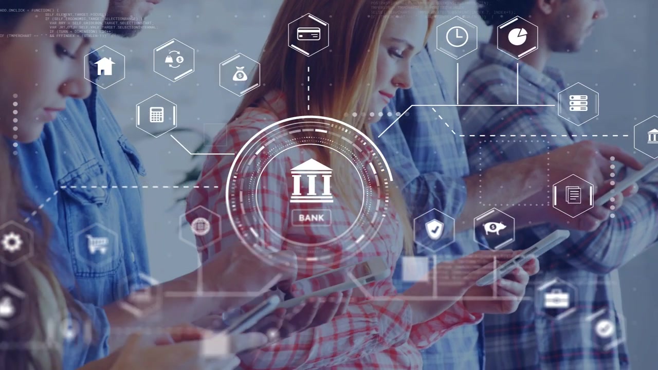 Four adults tapping devices, starting banking HUD, icons linking and exchanging data for banking