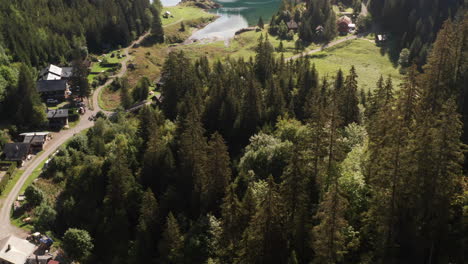 Jib-down-of-tree-tops-with-a-stunning-lake-and-beautiful-mountainside-in-background