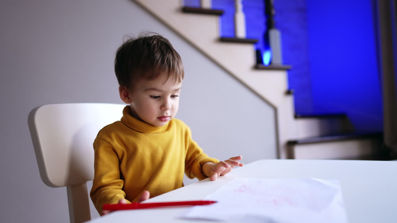 Smiling baby boy sits at desk drawing. Happy kid learning to use the felt pen. Blurred backdrop.