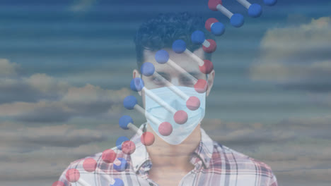 animation of dna strand spinning over man wearing face mask