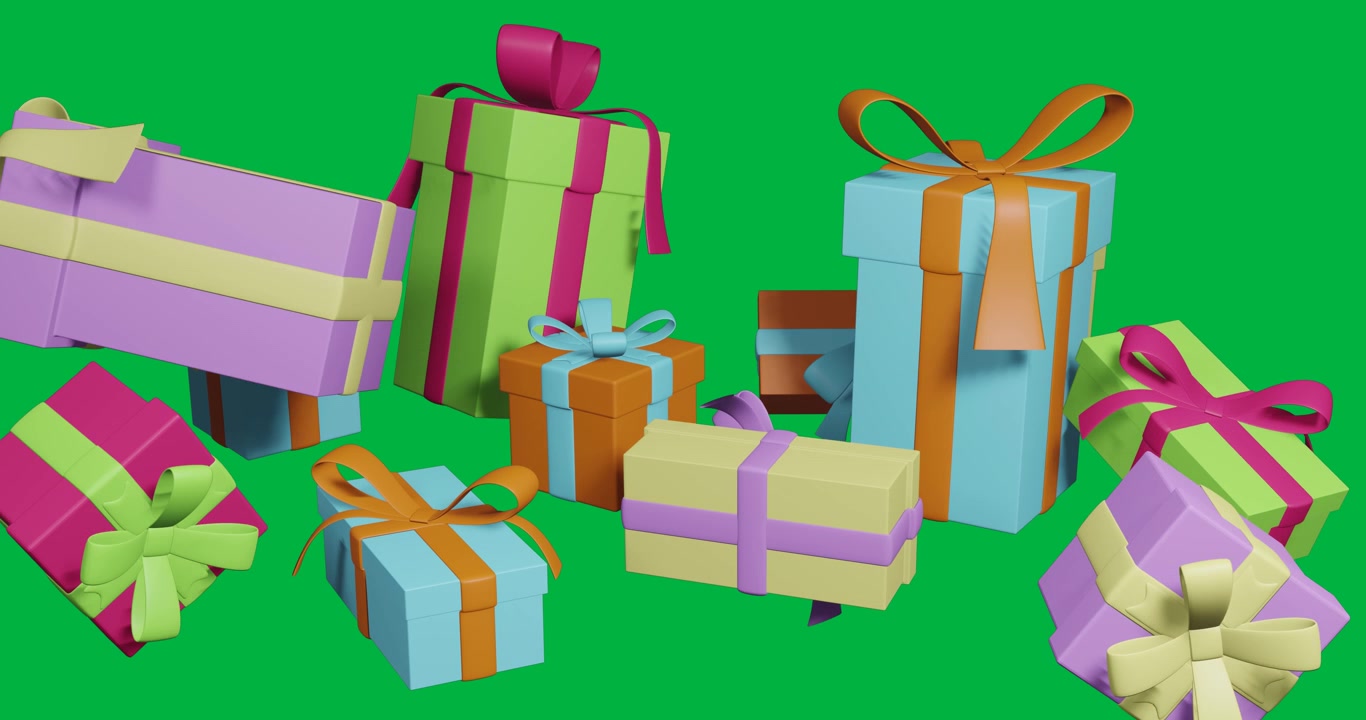 Video of multi coloured christmas presents with ribbons over transparent background
