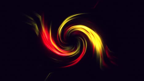 Abstrakter-Neon-Glühtrichter-Mit-Bunten,-Sich-Drehenden-Strahlen,-Kurvigen,-Hellen-Linien-Auf-Schwarzem-Hintergrund,-Tornado-Energie,-Raumtunnel,-Wirbelform,-Visueller-Effekt,-4k,-Gelb,-Rot