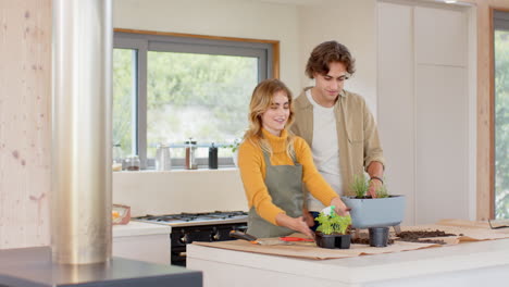couple gardening together in kitchen, smiling and enjoying planting herbs